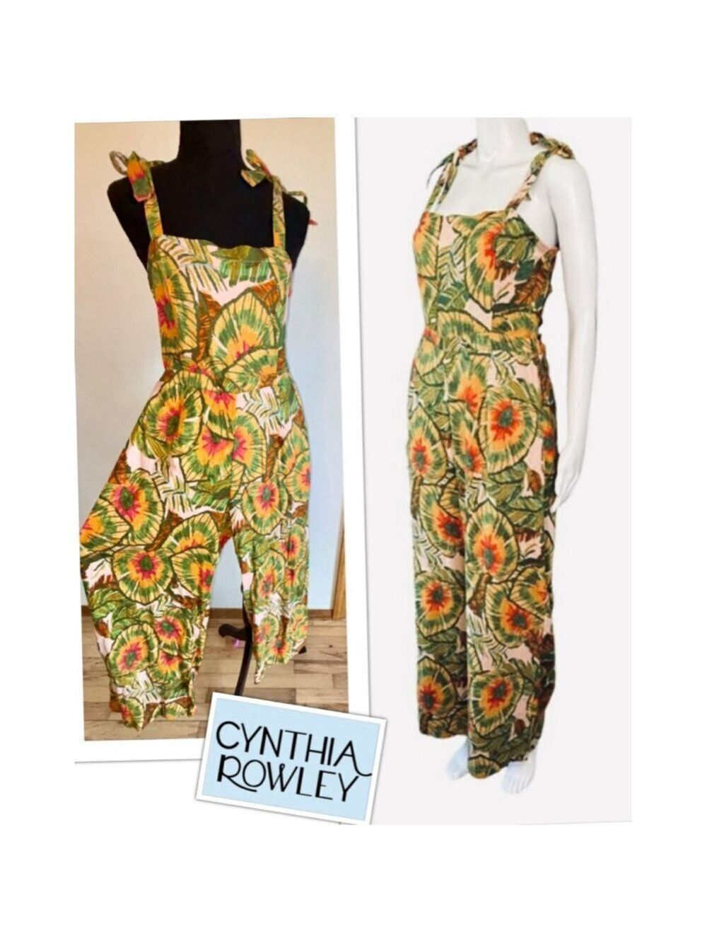 Cynthia Rowley coconut girl halter jumpsuit Tropical Wide Leg Size SM Soft Linen